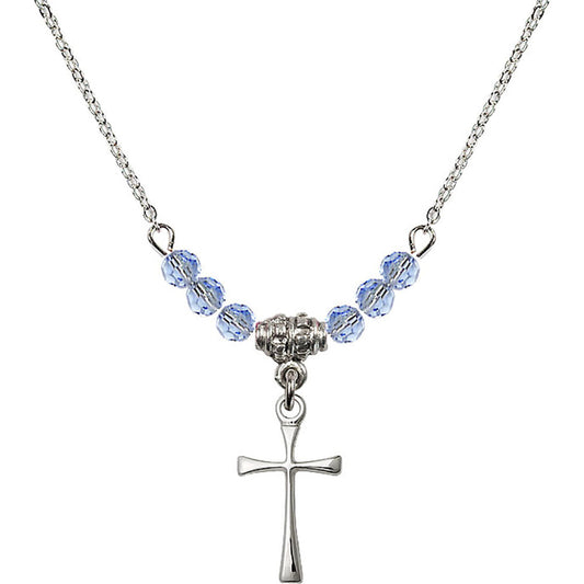 Sterling Silver Maltese Cross Birthstone Necklace with Light Sapphire Beads - 1872