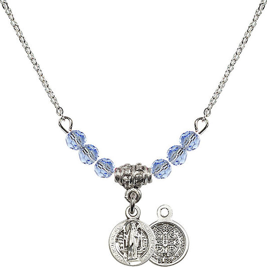 Sterling Silver Saint Benedict Birthstone Necklace with Light Sapphire Beads - 2341