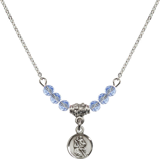Sterling Silver Saint Christopher Birthstone Necklace with Light Sapphire Beads - 2343