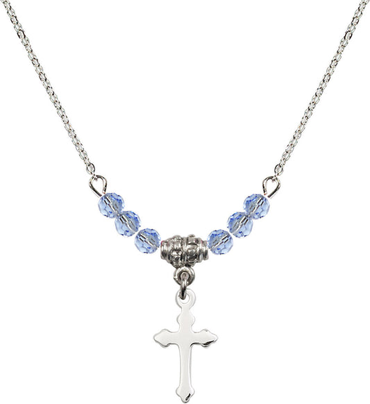 Sterling Silver Cross Birthstone Necklace with Light Sapphire Beads - 2528