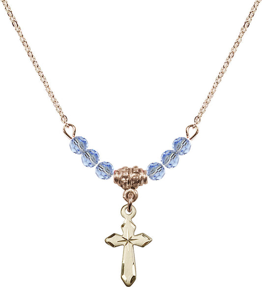 14kt Gold Filled Cross Birthstone Necklace with Light Sapphire Beads - 2529