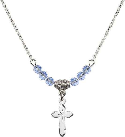 Sterling Silver Cross Birthstone Necklace with Light Sapphire Beads - 2529