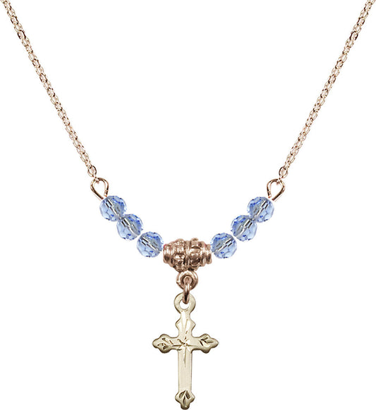 14kt Gold Filled Cross Birthstone Necklace with Light Sapphire Beads - 2531
