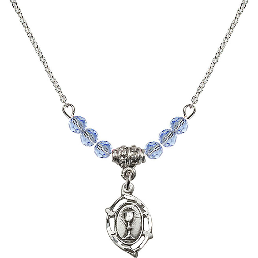 Sterling Silver Communion Birthstone Necklace with Light Sapphire Beads - 3019