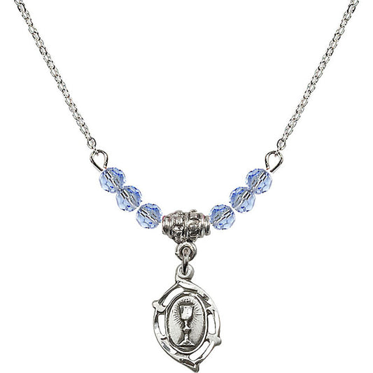 Sterling Silver Communion Birthstone Necklace with Light Sapphire Beads - 3019