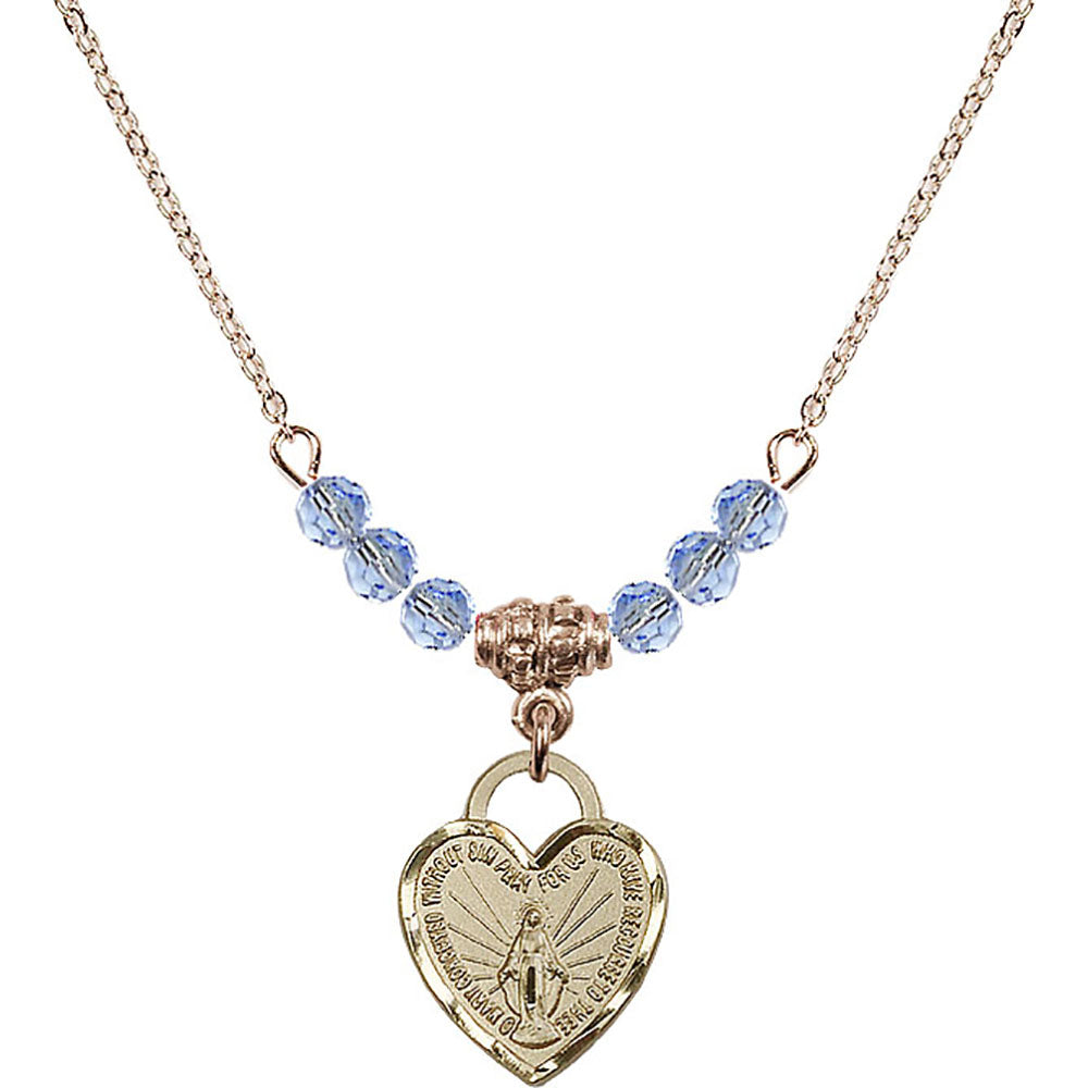 14kt Gold Filled Miraculous Heart Birthstone Necklace with Light Sapphire Beads - 3401
