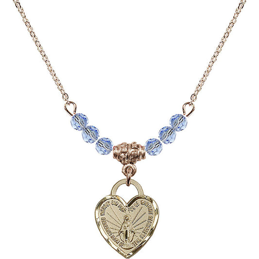 14kt Gold Filled Miraculous Heart Birthstone Necklace with Light Sapphire Beads - 3401