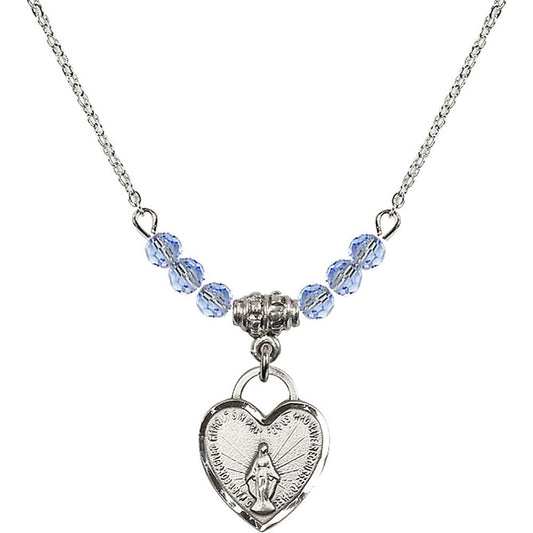 Sterling Silver Miraculous Heart Birthstone Necklace with Light Sapphire Beads - 3401