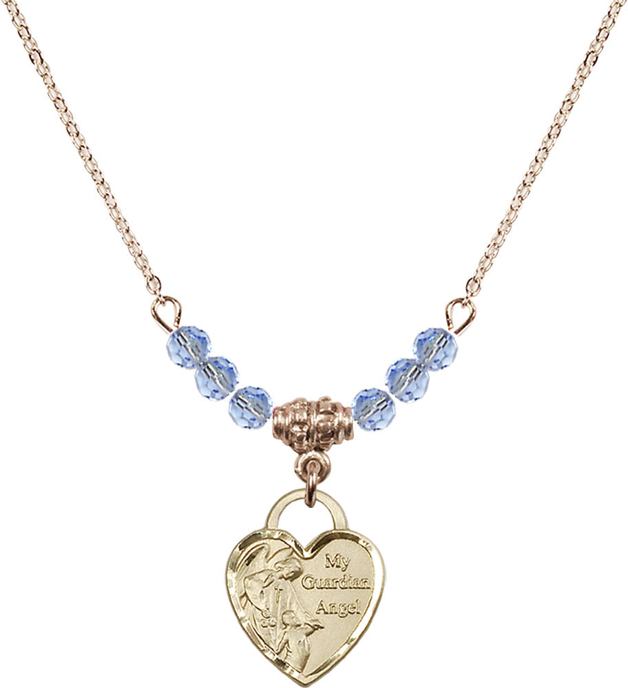 14kt Gold Filled Guardian Angel Heart Birthstone Necklace with Light Sapphire Beads - 3402