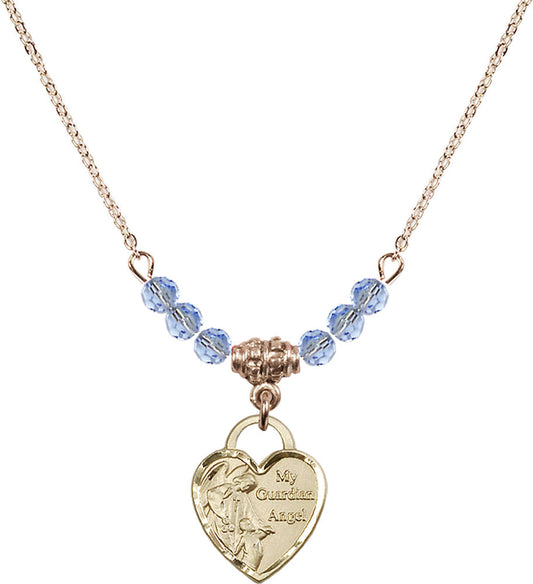 14kt Gold Filled Guardian Angel Heart Birthstone Necklace with Light Sapphire Beads - 3402