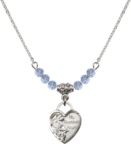 Sterling Silver Guardian Angel Heart Birthstone Necklace with Light Sapphire Beads - 3402