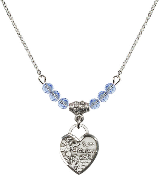 Sterling Silver Saint Michael Heart Birthstone Necklace with Light Sapphire Beads - 3403