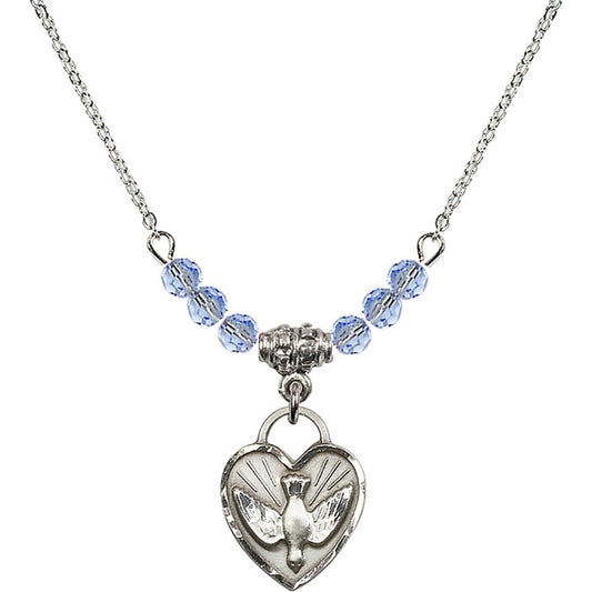 Sterling Silver Confirmation Heart Birthstone Necklace with Light Sapphire Beads - 3405