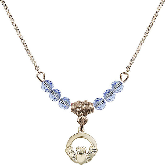 14kt Gold Filled Claddagh Birthstone Necklace with Light Sapphire Beads - 4113