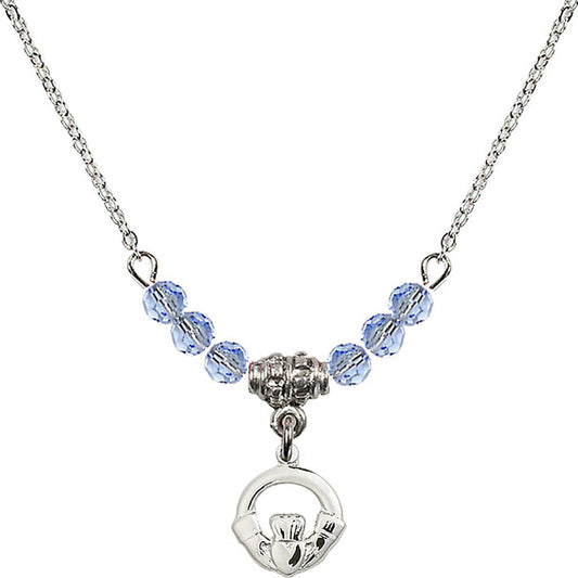 Sterling Silver Claddagh Birthstone Necklace with Light Sapphire Beads - 4113
