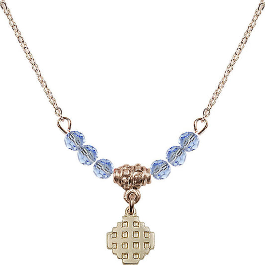14kt Gold Filled Jerusalem Cross Birthstone Necklace with Light Sapphire Beads - 4118