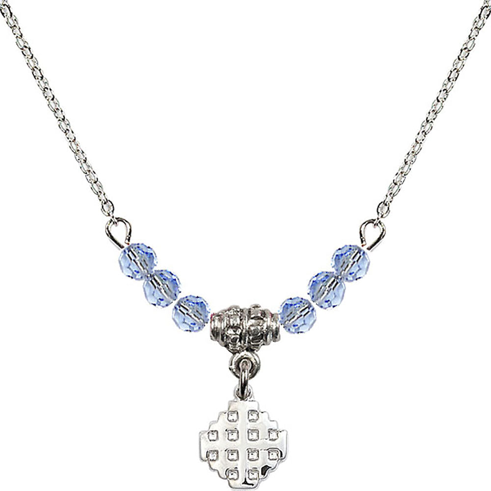 Sterling Silver Jerusalem Cross Birthstone Necklace with Light Sapphire Beads - 4118