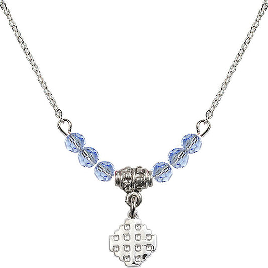 Sterling Silver Jerusalem Cross Birthstone Necklace with Light Sapphire Beads - 4118