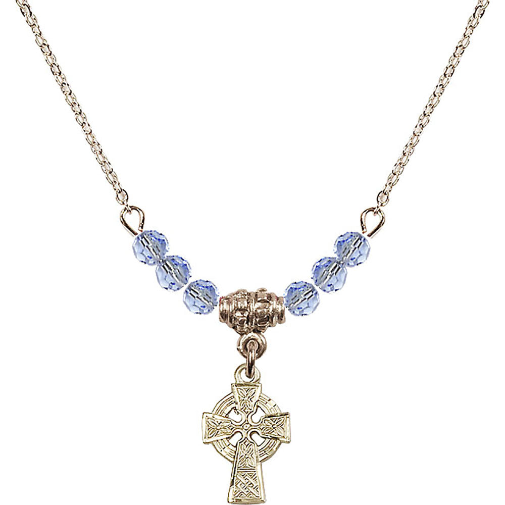 14kt Gold Filled Celtic Cross Birthstone Necklace with Light Sapphire Beads - 4133