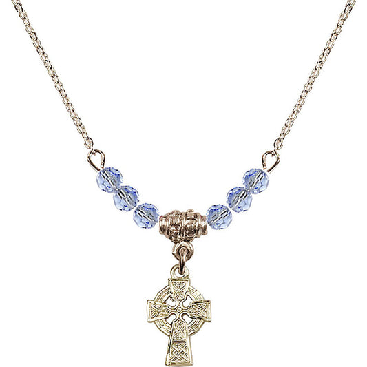 14kt Gold Filled Celtic Cross Birthstone Necklace with Light Sapphire Beads - 4133