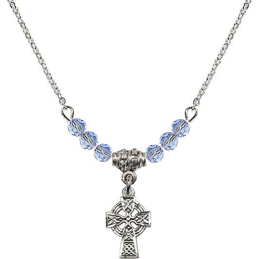 Sterling Silver Celtic Cross Birthstone Necklace with Light Sapphire Beads - 4133