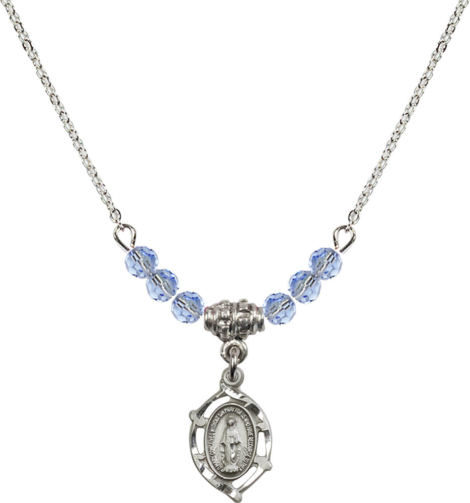 Sterling Silver Miraculous Birthstone Necklace with Light Sapphire Beads - 4152