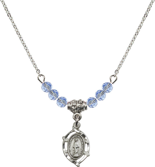 Sterling Silver Miraculous Birthstone Necklace with Light Sapphire Beads - 4152