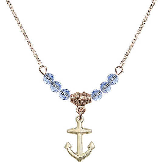 14kt Gold Filled Anchor Birthstone Necklace with Light Sapphire Beads - 4158