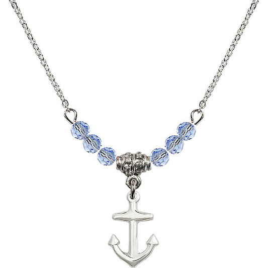 Sterling Silver Anchor Birthstone Necklace with Light Sapphire Beads - 4158