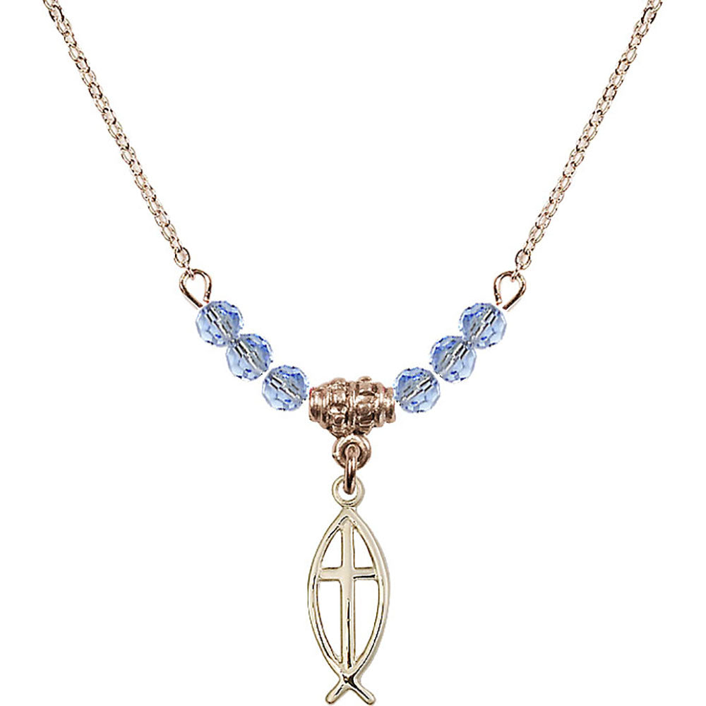 14kt Gold Filled Fish / Cross Birthstone Necklace with Light Sapphire Beads - 4251