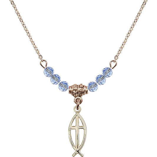 14kt Gold Filled Fish / Cross Birthstone Necklace with Light Sapphire Beads - 4251