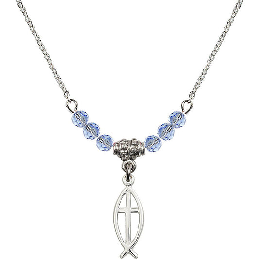 Sterling Silver Fish / Cross Birthstone Necklace with Light Sapphire Beads - 4251