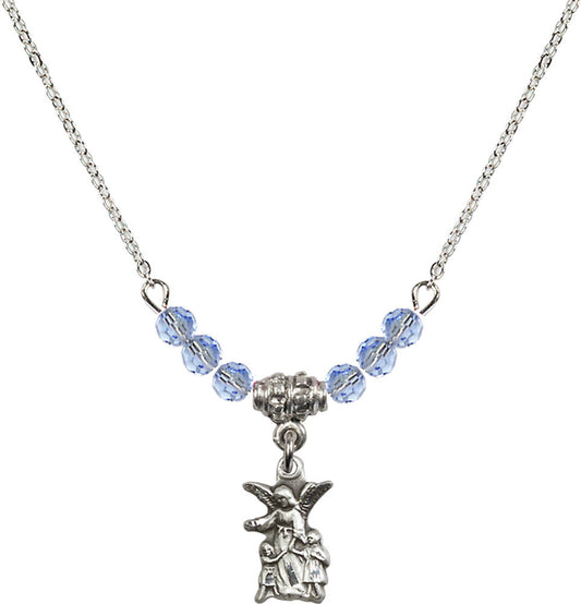 Sterling Silver Guardian Angel Birthstone Necklace with Light Sapphire Beads - 4253