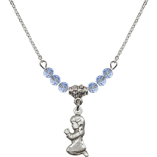 Sterling Silver Praying Girl Birthstone Necklace with Light Sapphire Beads - 4262
