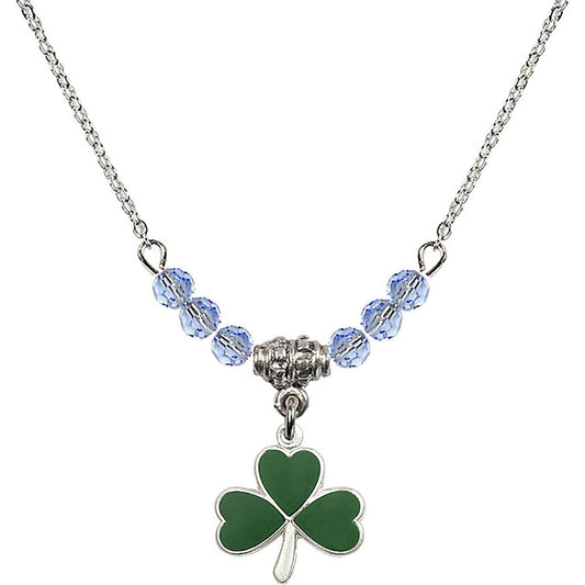 Sterling Silver Shamrock Birthstone Necklace with Light Sapphire Beads - 5243