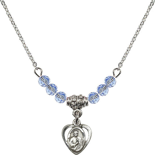 Sterling Silver Saint Jude Birthstone Necklace with Light Sapphire Beads - 5404