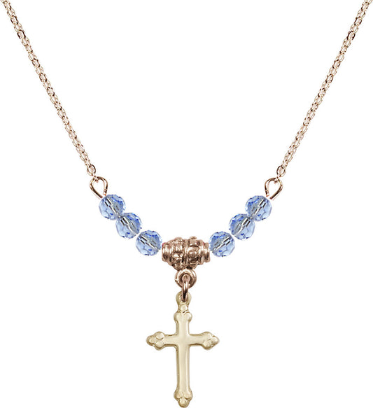 14kt Gold Filled Cross Birthstone Necklace with Light Sapphire Beads - 5415