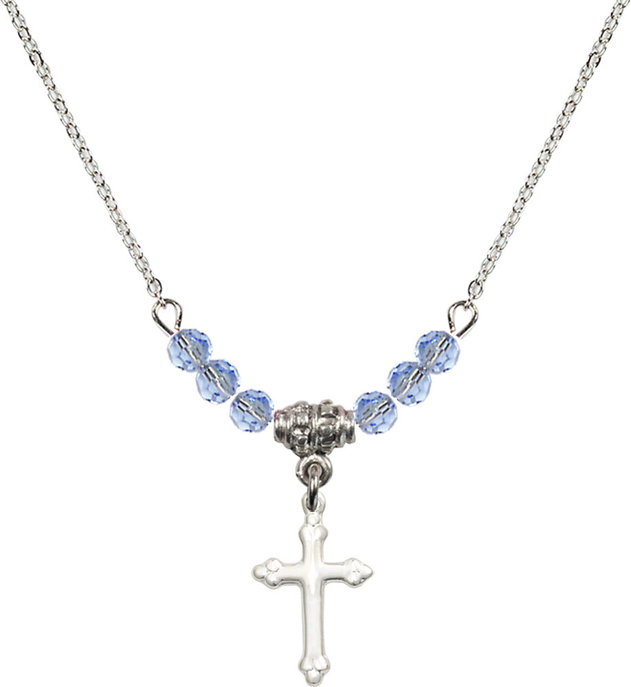 Sterling Silver Cross Birthstone Necklace with Light Sapphire Beads - 5415