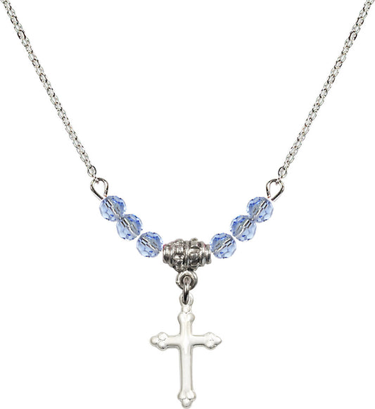 Sterling Silver Cross Birthstone Necklace with Light Sapphire Beads - 5415