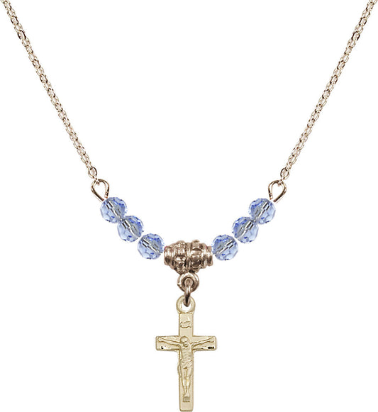 14kt Gold Filled Crucifix Birthstone Necklace with Light Sapphire Beads - 5417