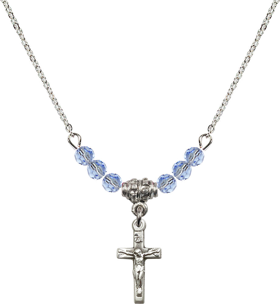 Sterling Silver Crucifix Birthstone Necklace with Light Sapphire Beads - 5417