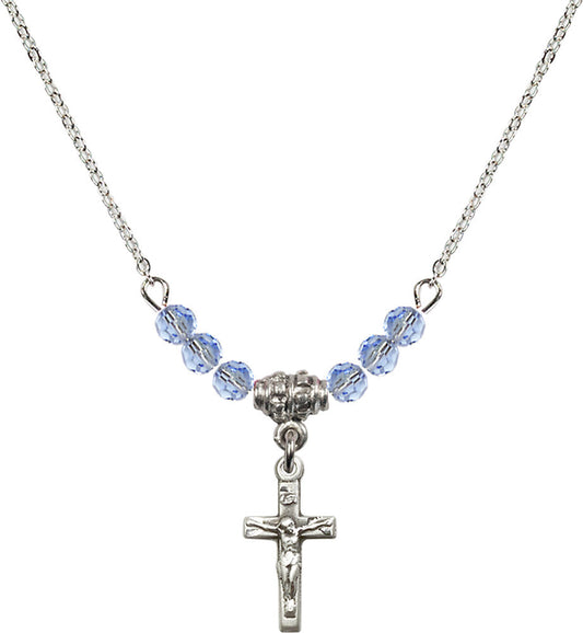 Sterling Silver Crucifix Birthstone Necklace with Light Sapphire Beads - 5417