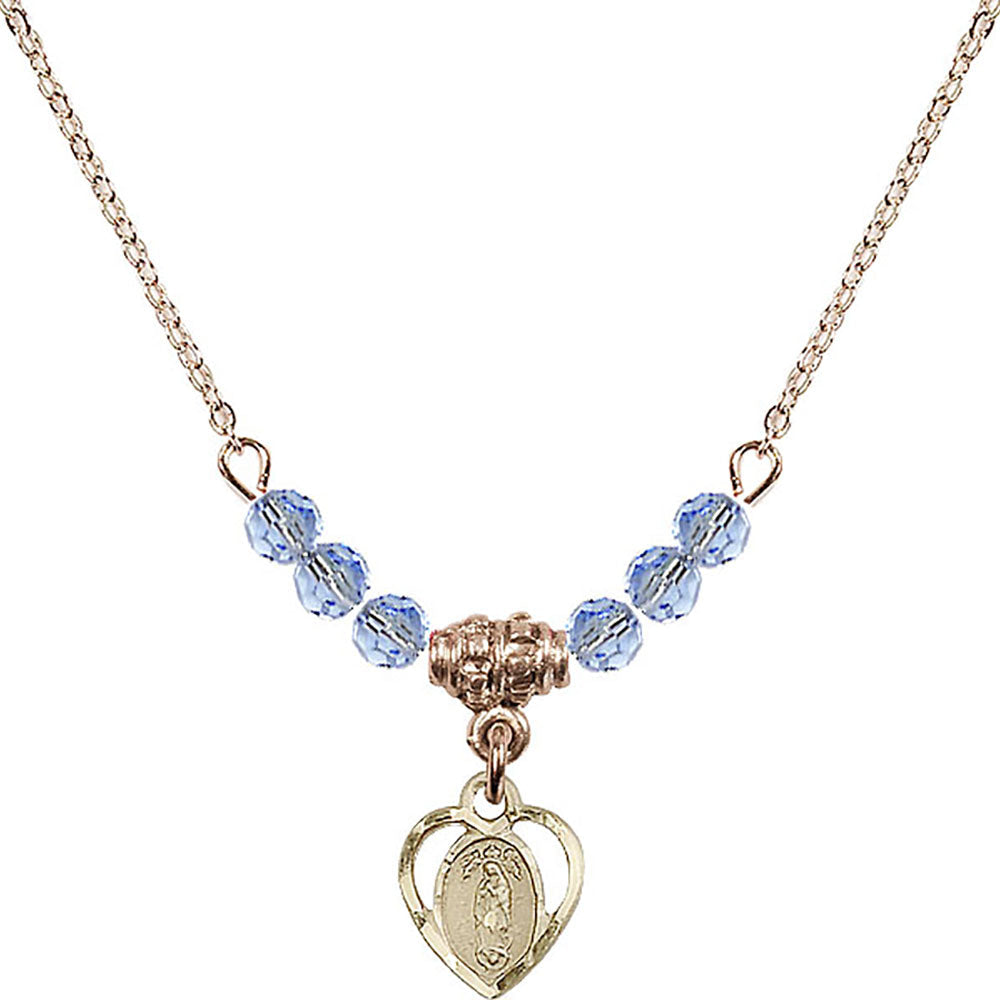 14kt Gold Filled Our Lady of Guadalupe Birthstone Necklace with Light Sapphire Beads - 5422