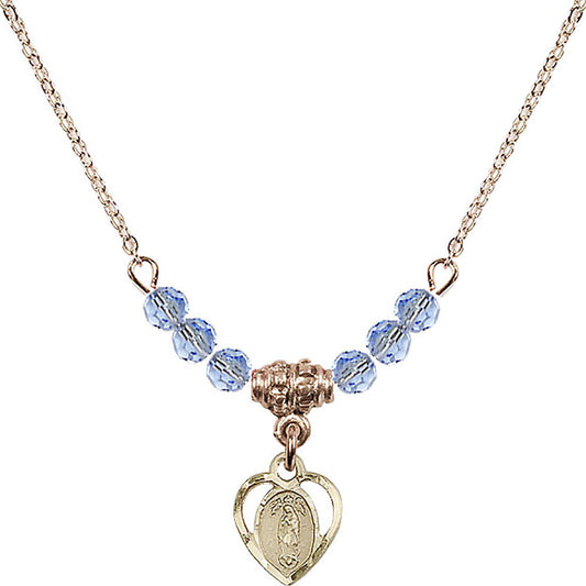 14kt Gold Filled Our Lady of Guadalupe Birthstone Necklace with Light Sapphire Beads - 5422