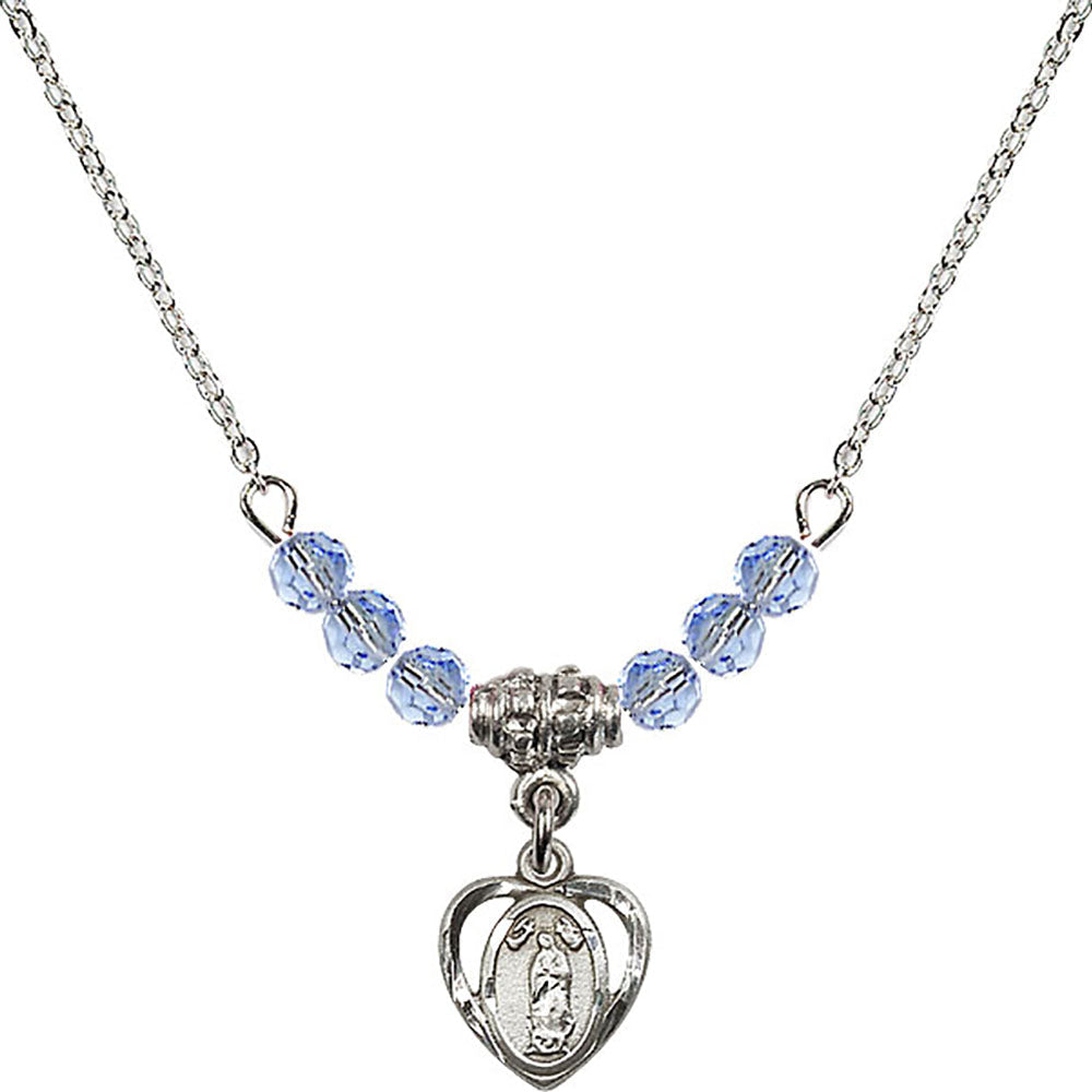 Sterling Silver Our Lady of Guadalupe Birthstone Necklace with Light Sapphire Beads - 5422