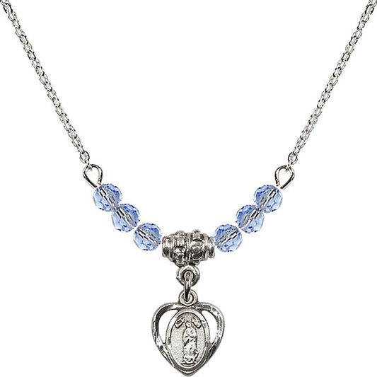 Sterling Silver Our Lady of Guadalupe Birthstone Necklace with Light Sapphire Beads - 5422