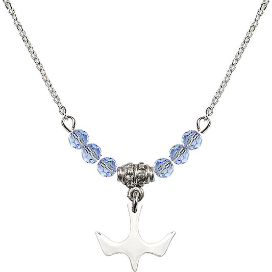 Sterling Silver Holy Spirit Birthstone Necklace with Light Sapphire Beads - 5431