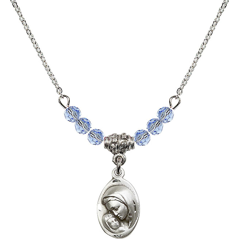 Sterling Silver Madonna & Child Birthstone Necklace with Light Sapphire Beads - 5447