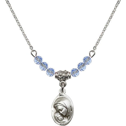 Sterling Silver Madonna & Child Birthstone Necklace with Light Sapphire Beads - 5447
