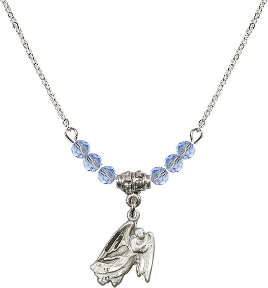 Sterling Silver Guardian Angel Birthstone Necklace with Light Sapphire Beads - 5642